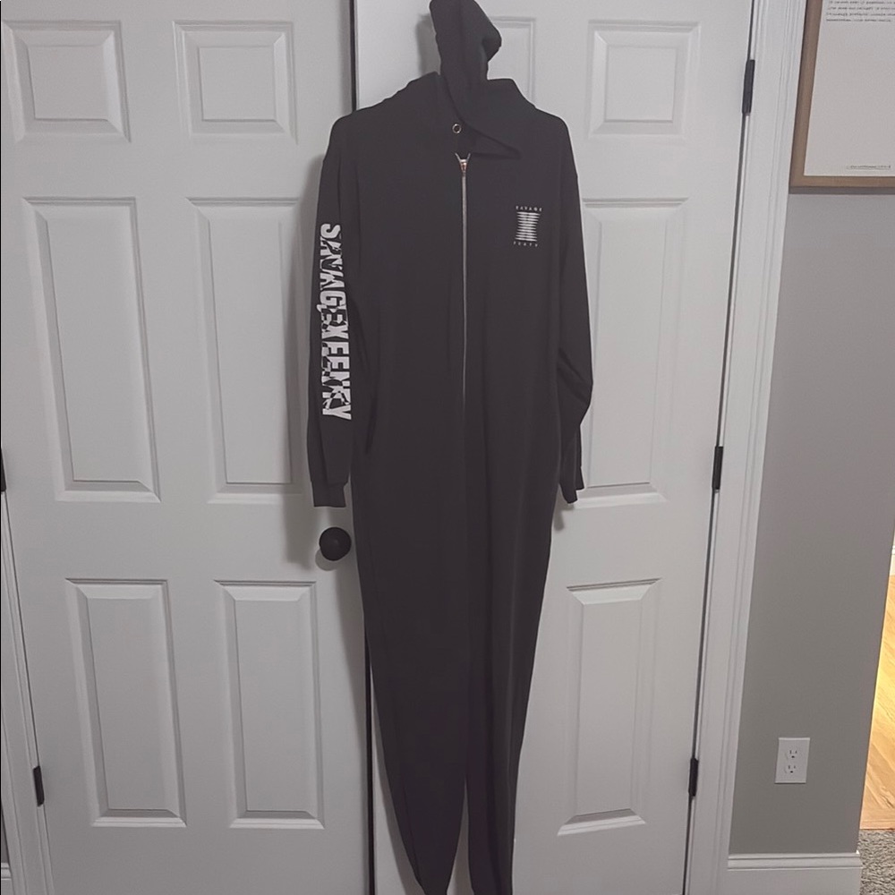 Savage X Fenty Gray Forever Showgirl Hooded One piece Jumpsuit Lounge Pajamas